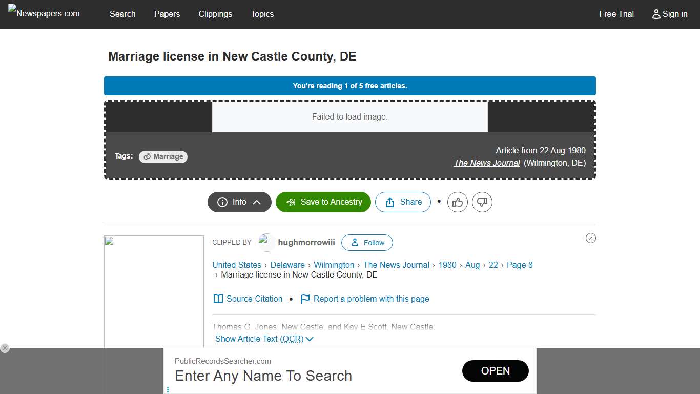 Marriage license in New Castle County, DE - Newspapers.com™